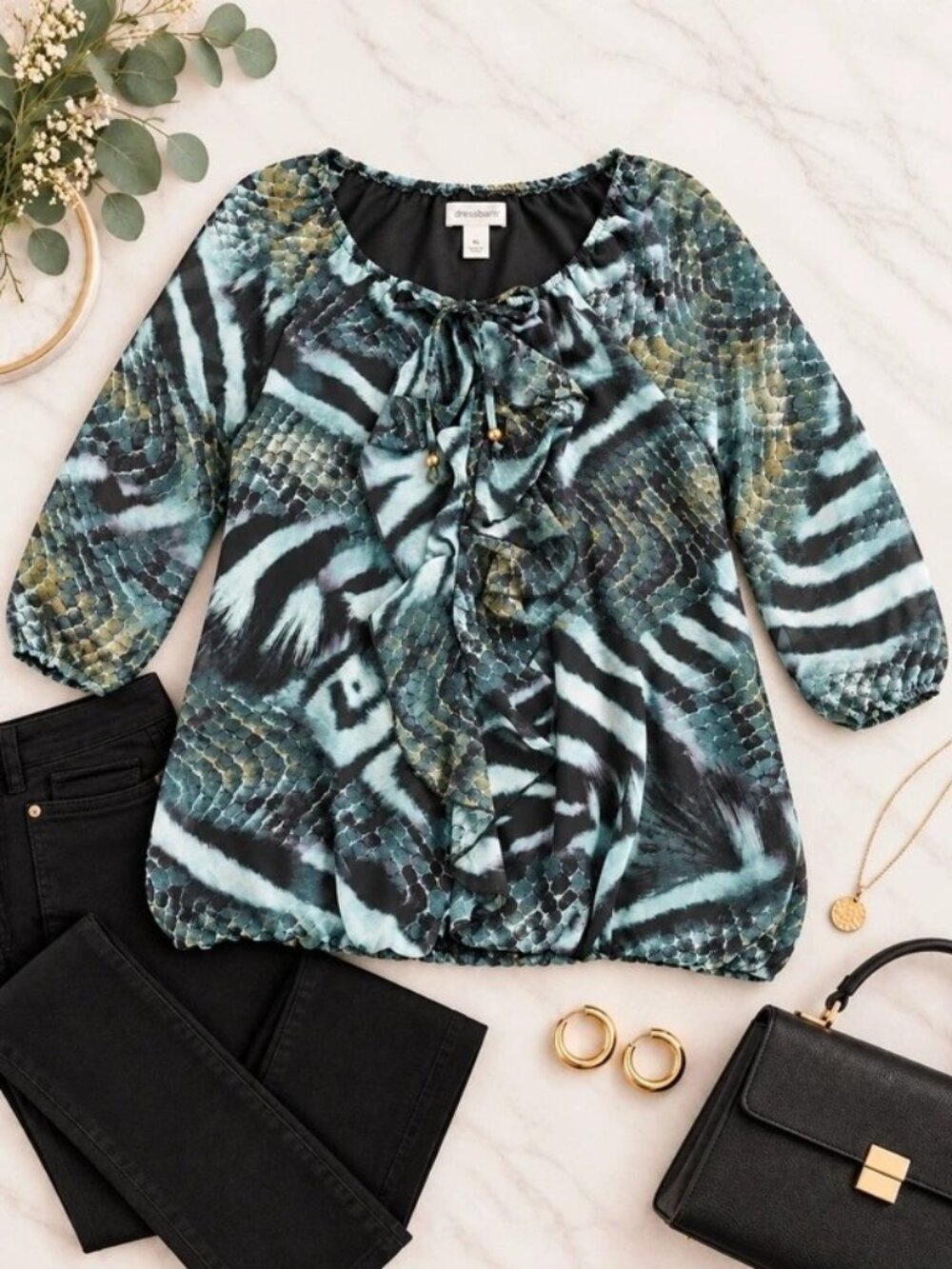 Dressbarn Animal Print Ruffle Blouse XL Sheer 3/4 Sleeve Black Aqua Green